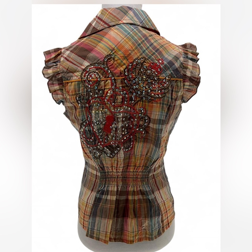 Y2K Miss Me Rhinestone Embroidered Heart Wing Design Button Up Shirt Size M